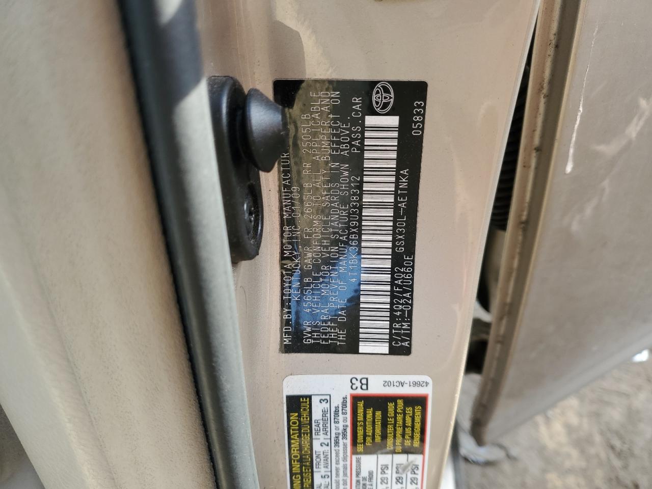 2009 Toyota Avalon VIN 4T1BK36BX9U338312 Copart auction photo, side / rear end damage thumbnail 12