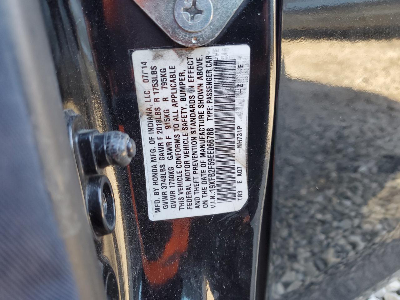 2014 Honda Civic VIN 19XFB2F59EE066788 Copart auction photo, front end damage thumbnail 12
