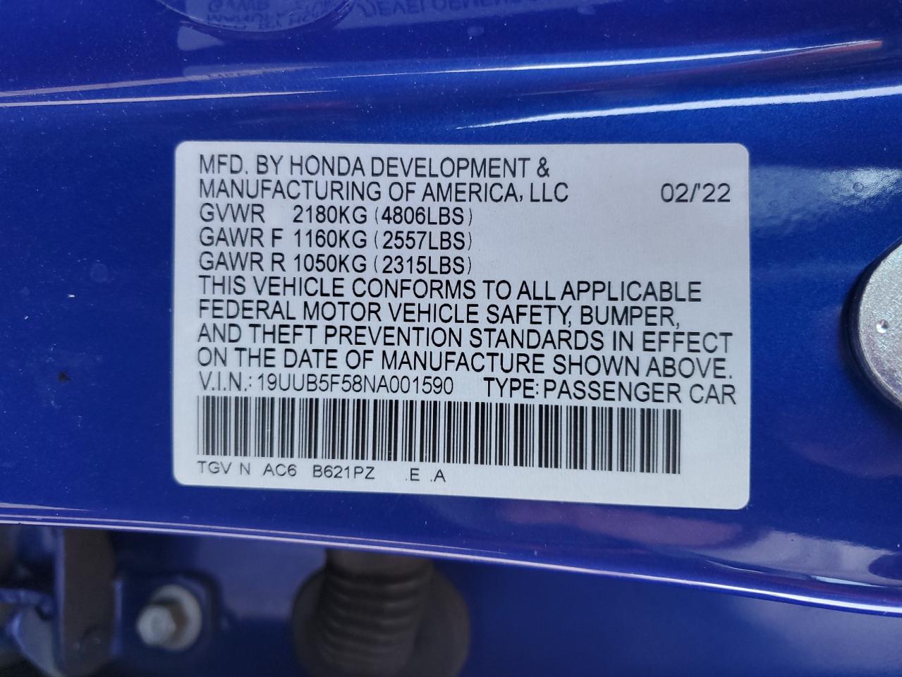 2022 Acura TLX VIN 19UUB5F58NA001590 Copart auction photo, rear end damage thumbnail 14