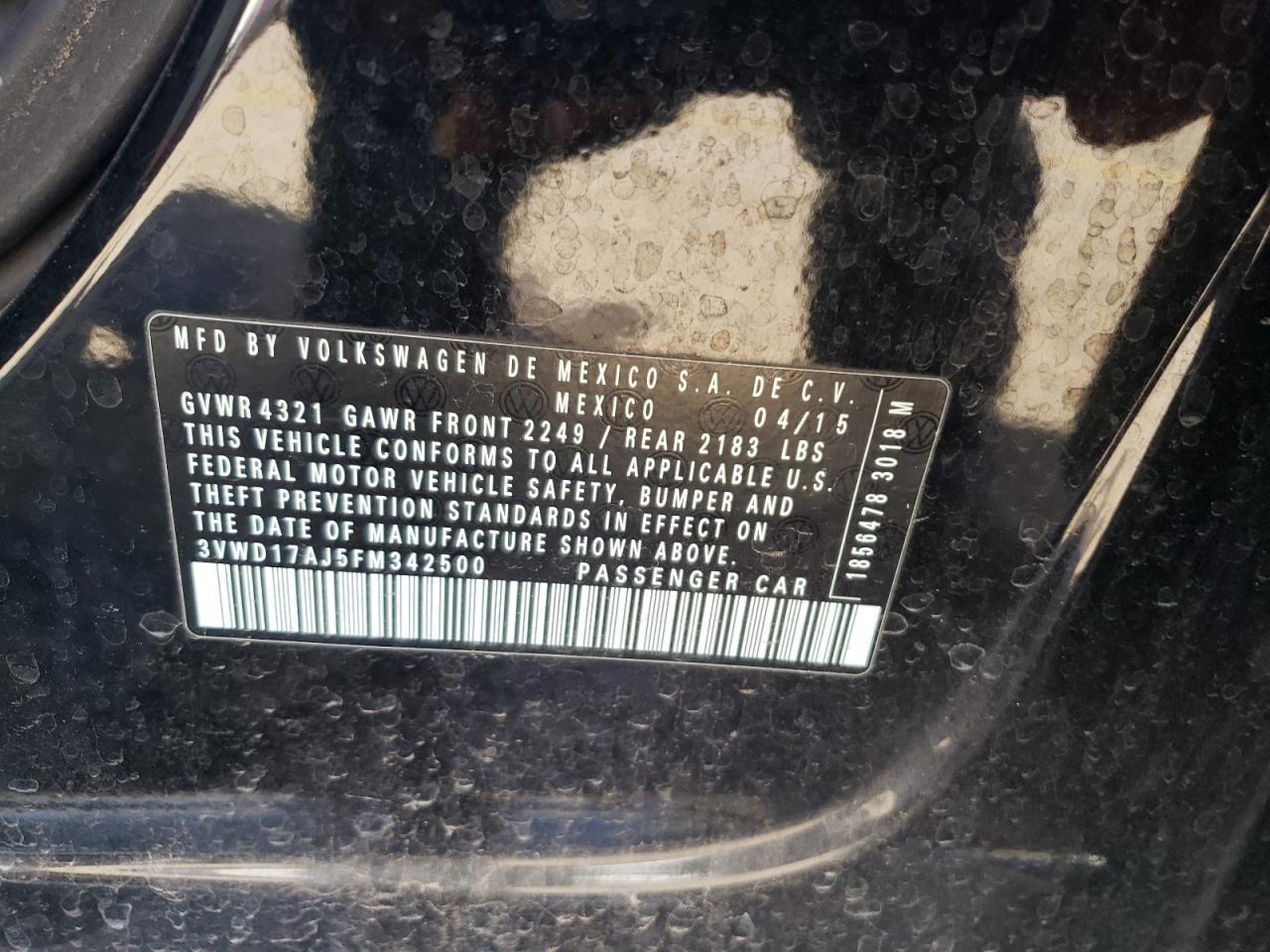2015 Volkswagen Jetta VIN 3VWD17AJ5FM342500 Copart auction photo, rear end damage thumbnail 12