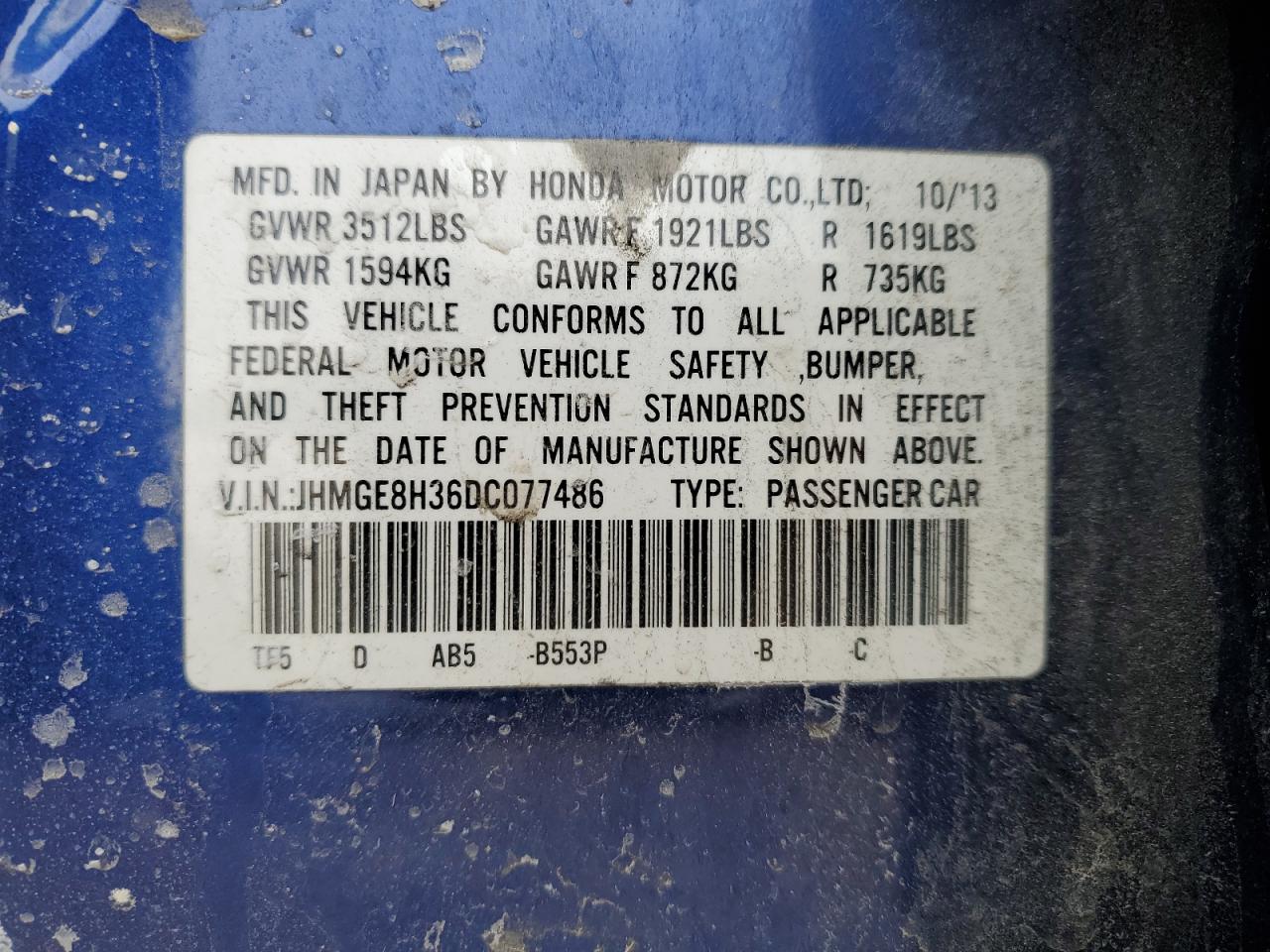 2013 Honda Fit VIN JHMGE8H36DC077486 Copart auction photo, front end damage thumbnail 12