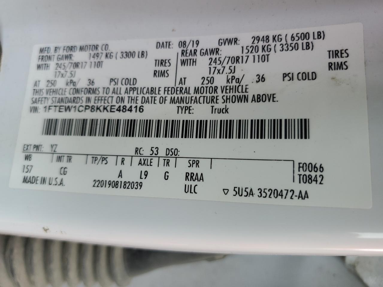 2019 Ford F-150 VIN 1FTEW1CP8KKE48416 Copart auction photo, front end / minor dent/scratches damage thumbnail 15