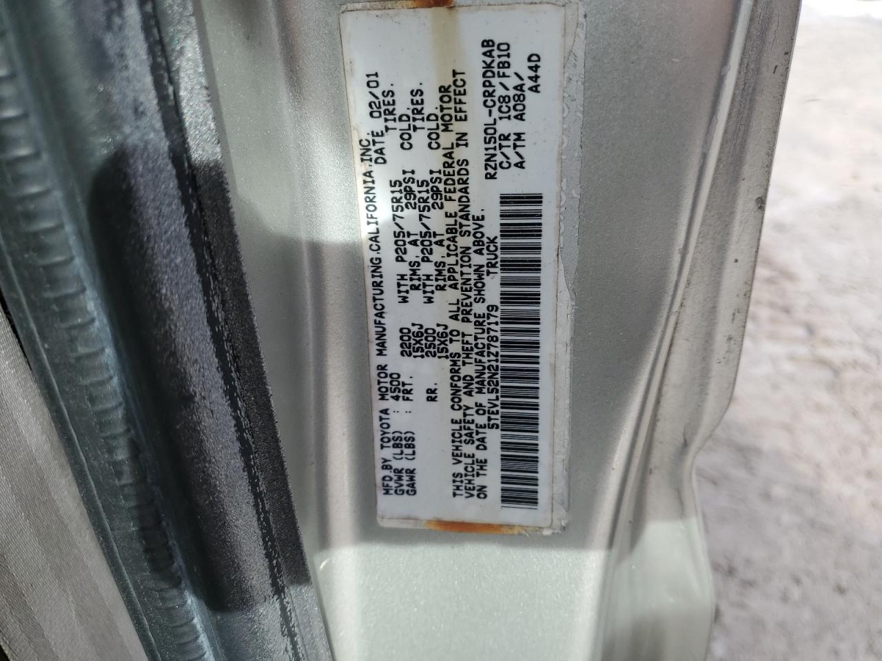 2001 Toyota Tacoma VIN 5TEVL52N21Z787179 Copart auction photo, mechanical / front end damage thumbnail 12