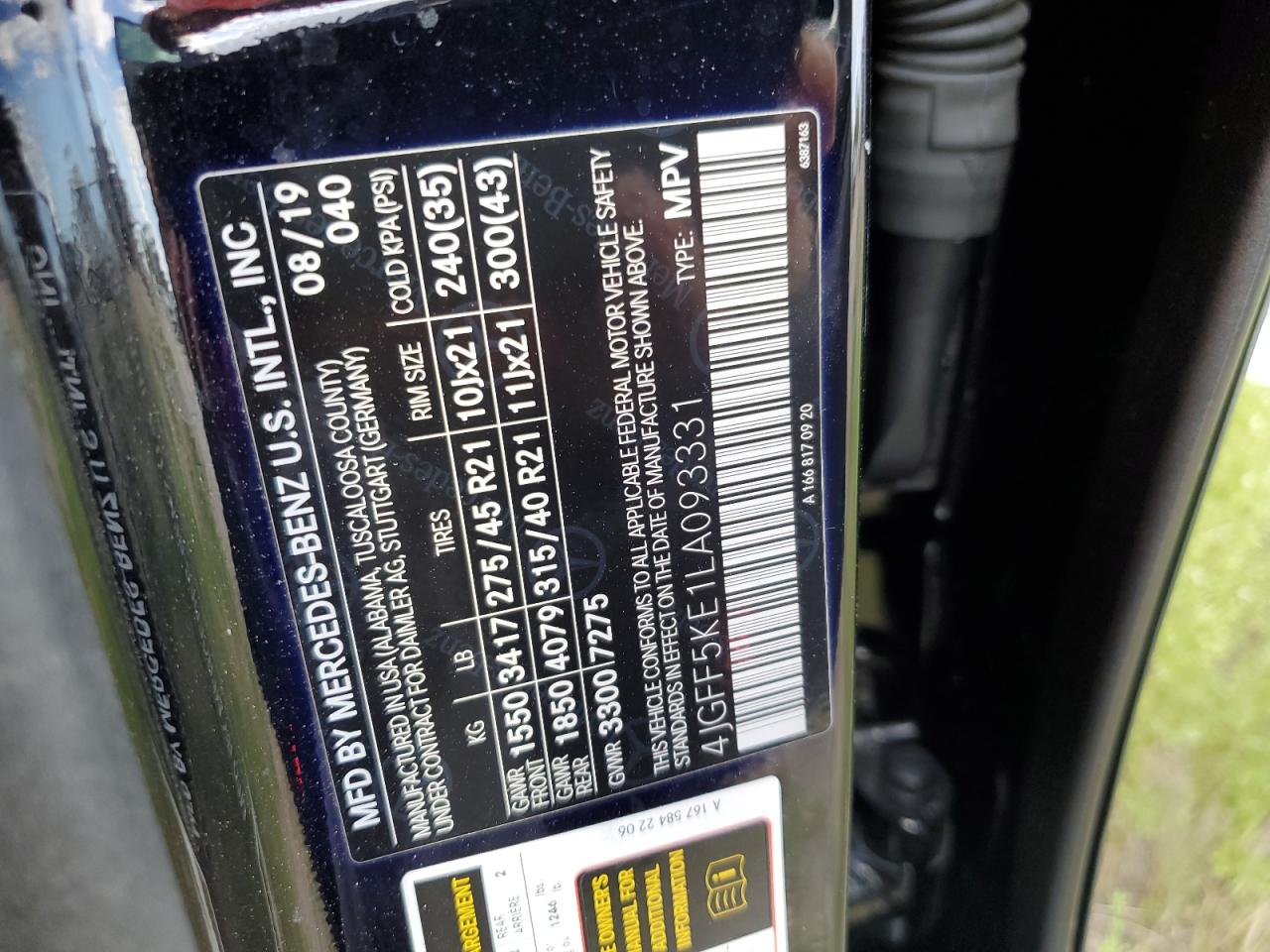 2020 Mercedes-Benz GLS-klasse VIN 4JGFF5KE1LA093331 Copart auction photo, front end damage thumbnail 14