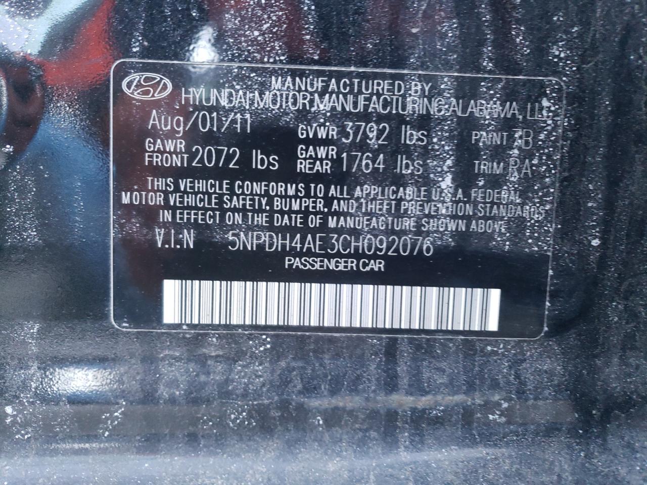 2012 Hyundai Elantra VIN 5NPDH4AE3CH092076 Copart auction photo, all over damage thumbnail 12