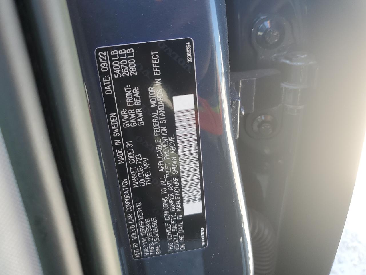 2023 Volvo XC60 VIN YV4L12RV6P1253412 Copart auction photo, water/flood damage thumbnail 14