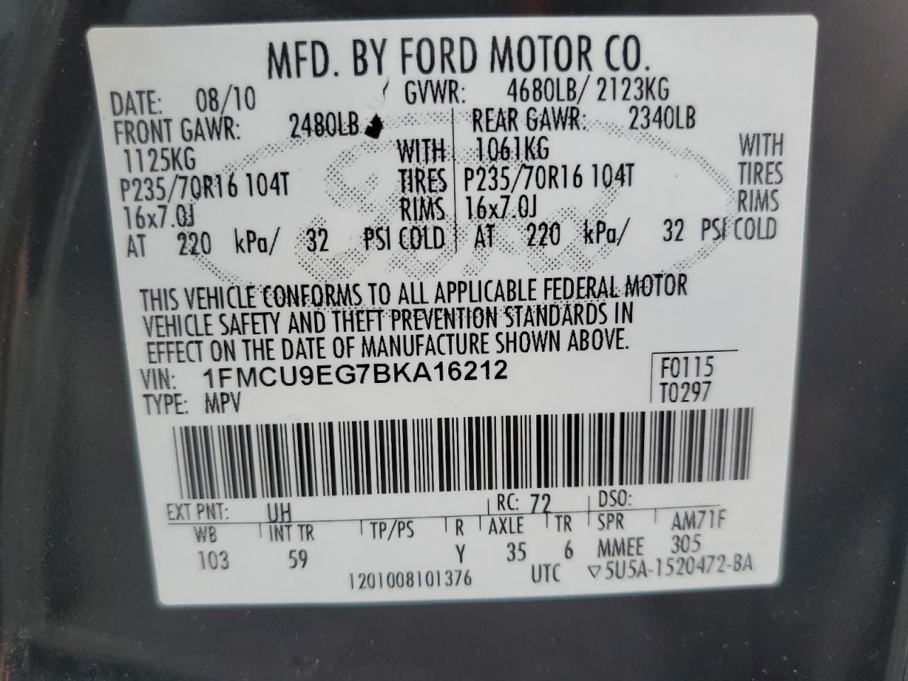 2011 Ford Escape VIN 1FMCU9EG7BKA16212 Copart auction photo, normal wear / minor dent/scratches damage thumbnail 13