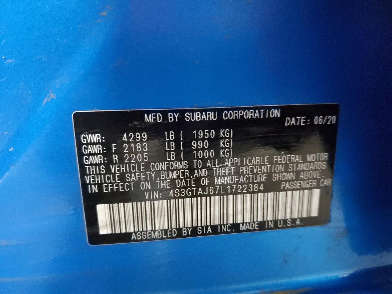 2020 Subaru Impreza VIN 4S3GTAJ67L1722384 Copart auction photo, front end / side damage thumbnail 14