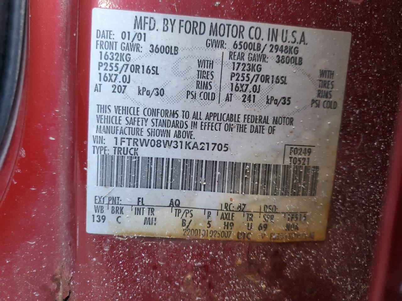 2001 Ford F-150 VIN 1FTRW08W31KA21705 Copart auction photo, front end damage thumbnail 12