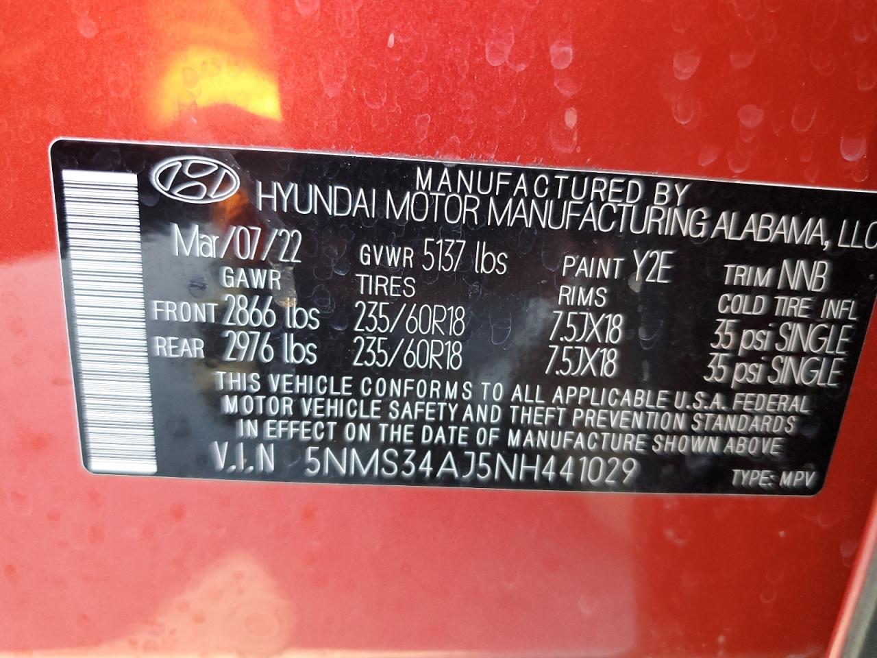 2022 Hyundai Santa Fe VIN 5NMS34AJ5NH441029 Copart auction photo, front end / side damage thumbnail 13