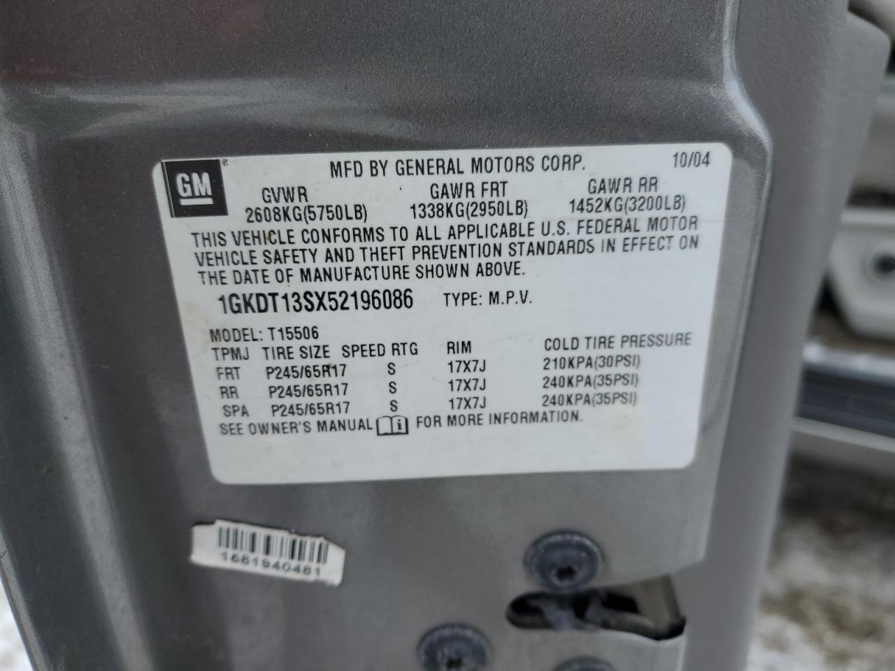 2005 GMC Envoy VIN 1GKDT13SX52196086 Copart auction photo, side damage thumbnail 13