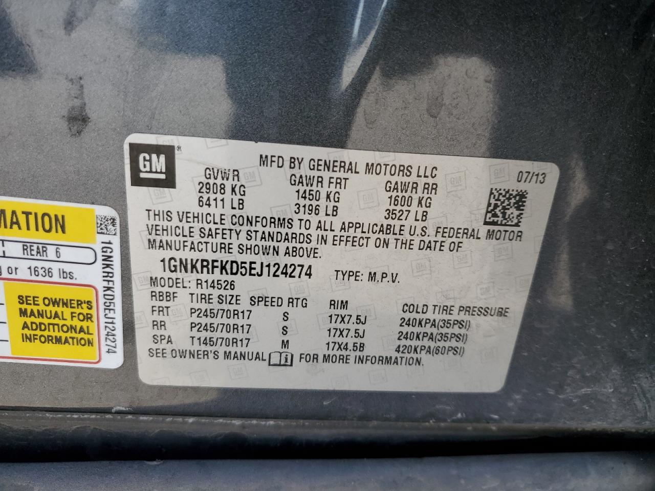 2014 Chevrolet Traverse VIN 1GNKRFKD5EJ124274 Copart auction photo, front end damage thumbnail 14