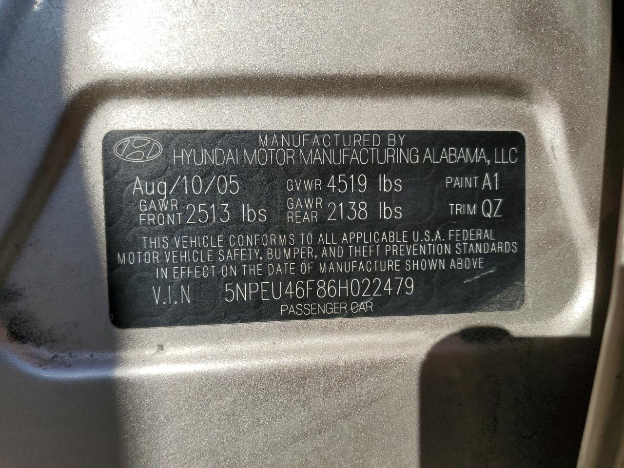 2006 Hyundai Sonata VIN 5NPEU46F86H022479 Copart auction photo, all over damage thumbnail 12