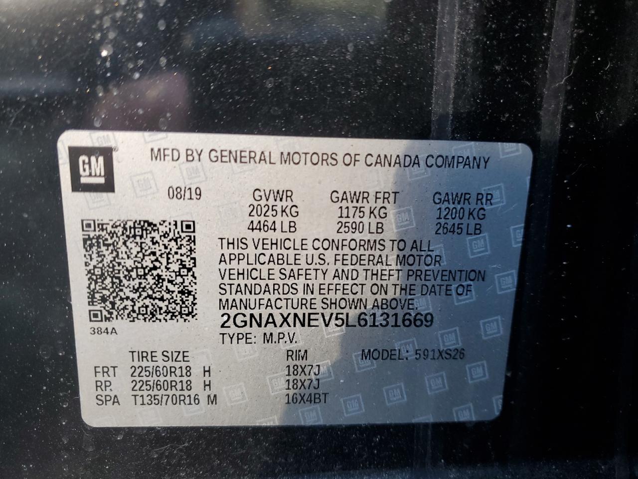 2020 Chevrolet Equinox VIN 2GNAXNEV5L6131669 Copart auction photo, side / front end damage thumbnail 13