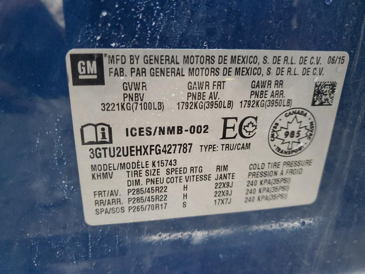 2015 GMC Sierra VIN 3GTU2UEHXFG427787 Copart auction photo, front end damage thumbnail 14