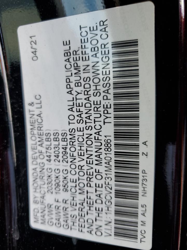 2021 Honda Accord VIN 1HGCV2F31MA018861 Copart auction photo, front end / minor dent/scratches damage thumbnail 12