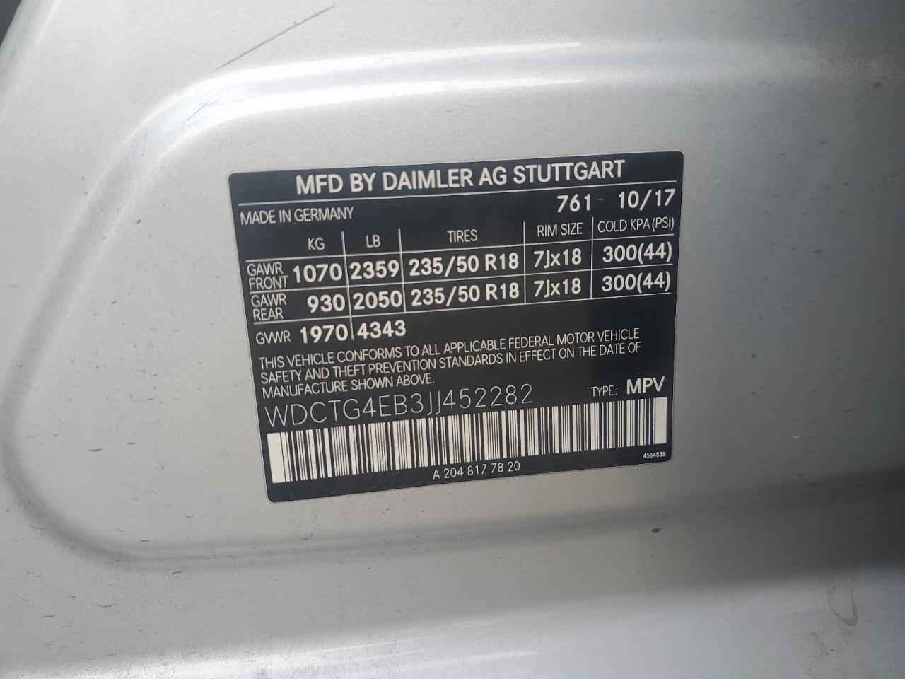 2018 Mercedes-Benz GLA-klasse VIN WDCTG4EB3JJ452282 Copart auction photo, minor dent/scratches damage thumbnail 13