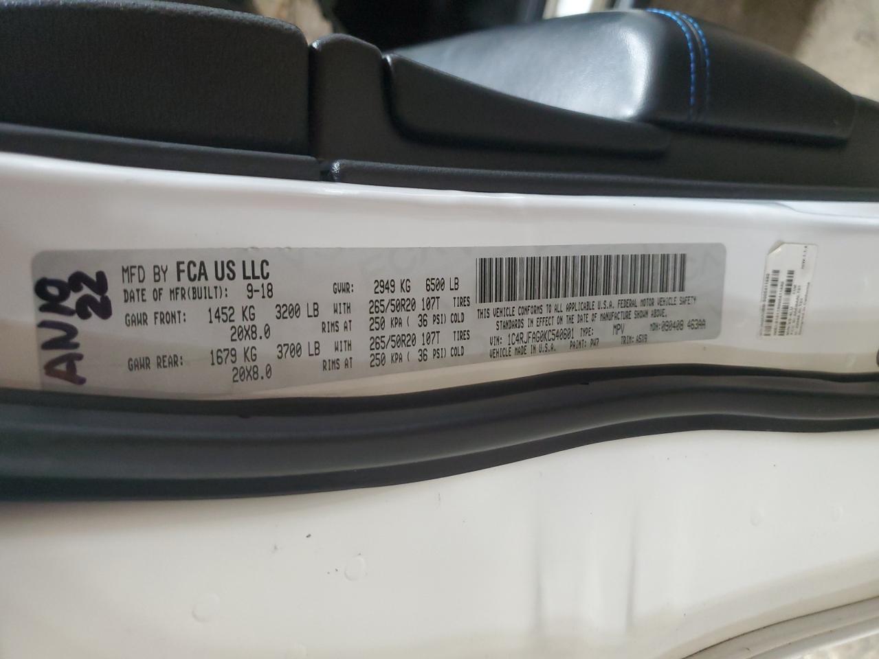 2019 Jeep Grand Cherokee VIN 1C4RJFAG0KC540601 Copart auction photo, front end / mechanical damage thumbnail 15