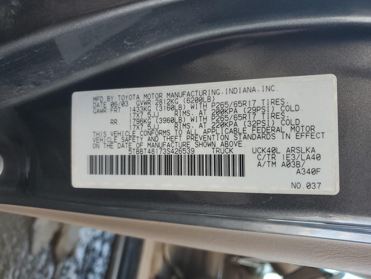 2003 Toyota Tundra VIN 5TBBT48173S426539 Copart auction photo, all over damage thumbnail 12