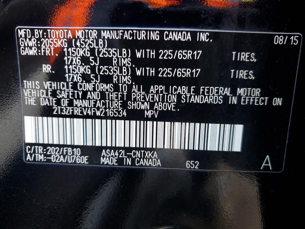 2015 Toyota RAV 4 VIN 2T3ZFREV4FW216534 Copart auction photo, side damage thumbnail 15