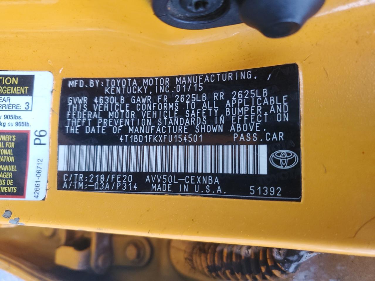 2015 Toyota Camry VIN 4T1BD1FKXFU154501 Copart auction photo, front end / mechanical damage thumbnail 12