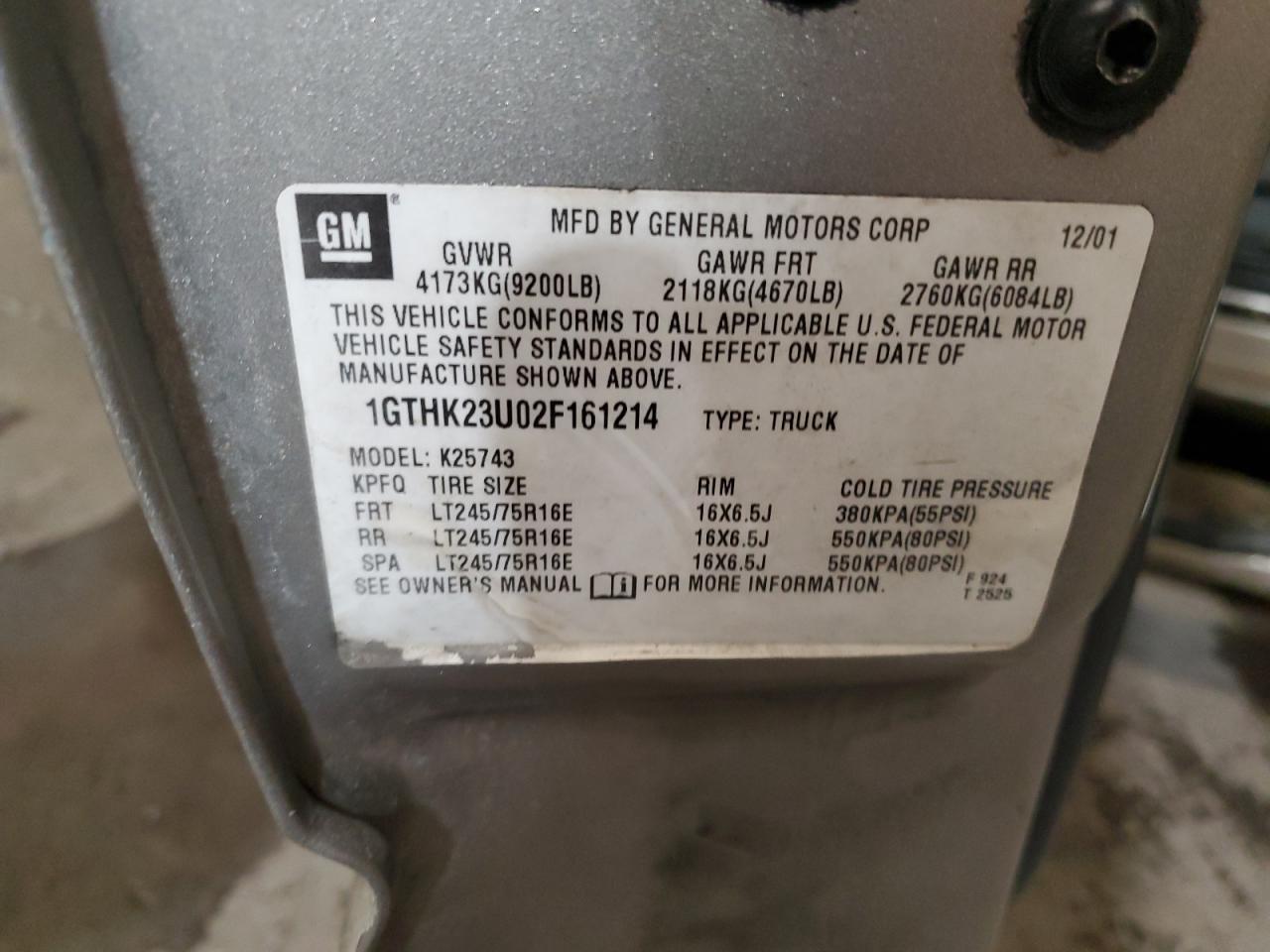2002 GMC Sierra VIN 1GTHK23U02F161214 Copart auction photo, all over damage thumbnail 14