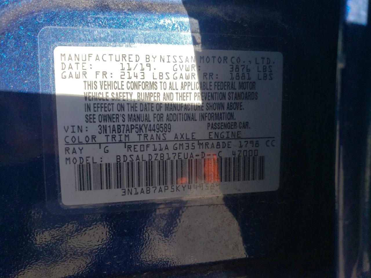 2019 Nissan Sentra VIN 3N1AB7AP5KY449589 Copart auction photo, front end / hail damage thumbnail 15
