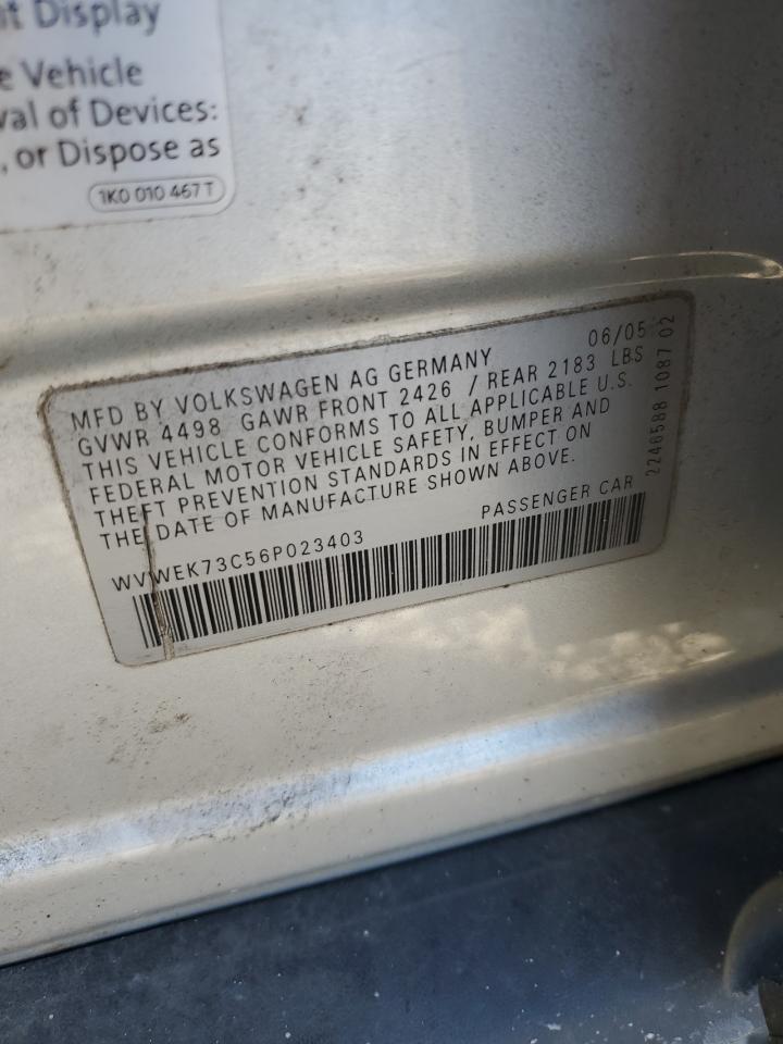 2006 Volkswagen Passat VIN WVWEK73C56P023403 Copart auction photo, front end / side damage thumbnail 15