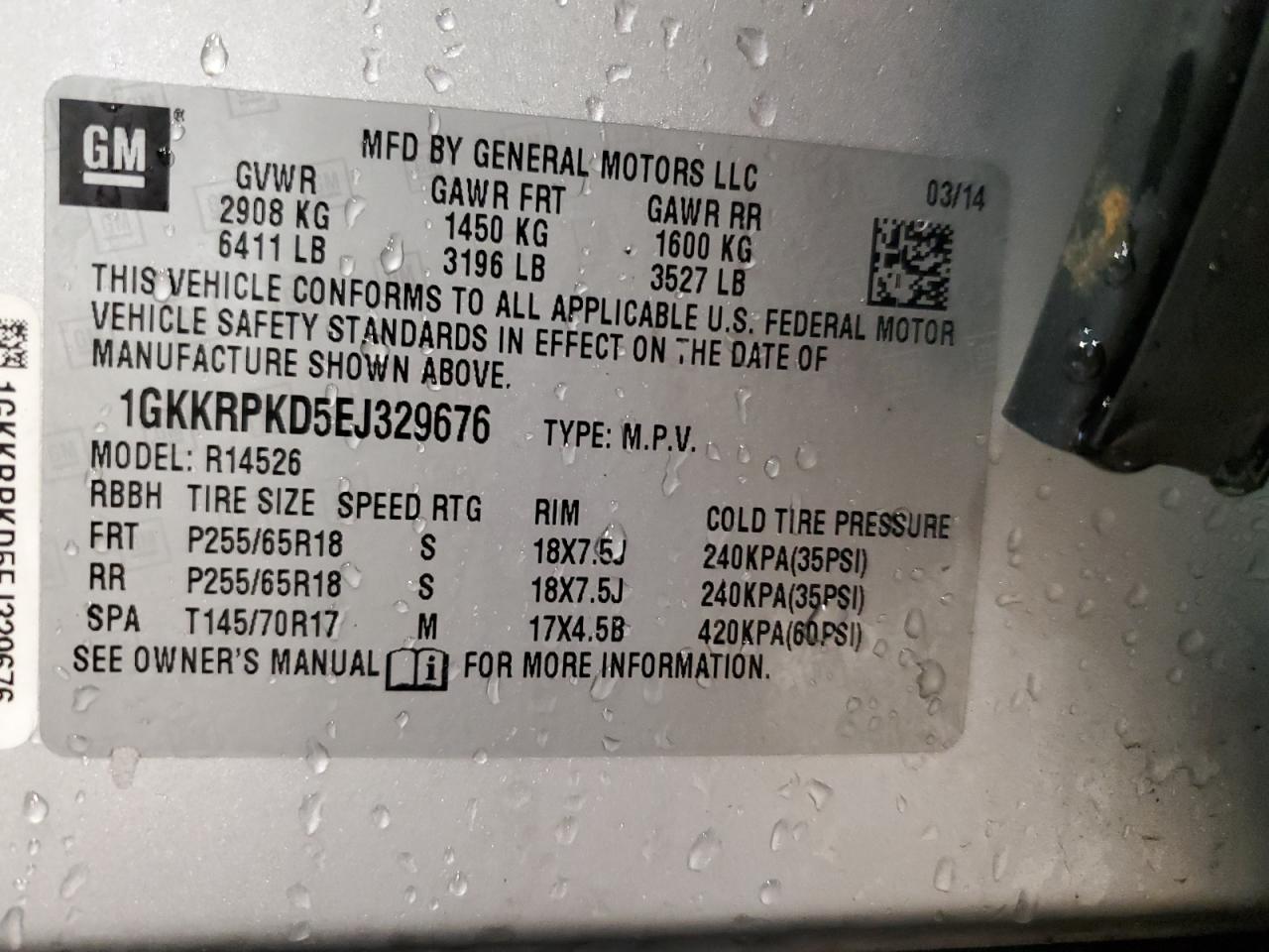 2014 GMC Acadia VIN 1GKKRPKD5EJ329676 Copart auction photo, front end damage thumbnail 13