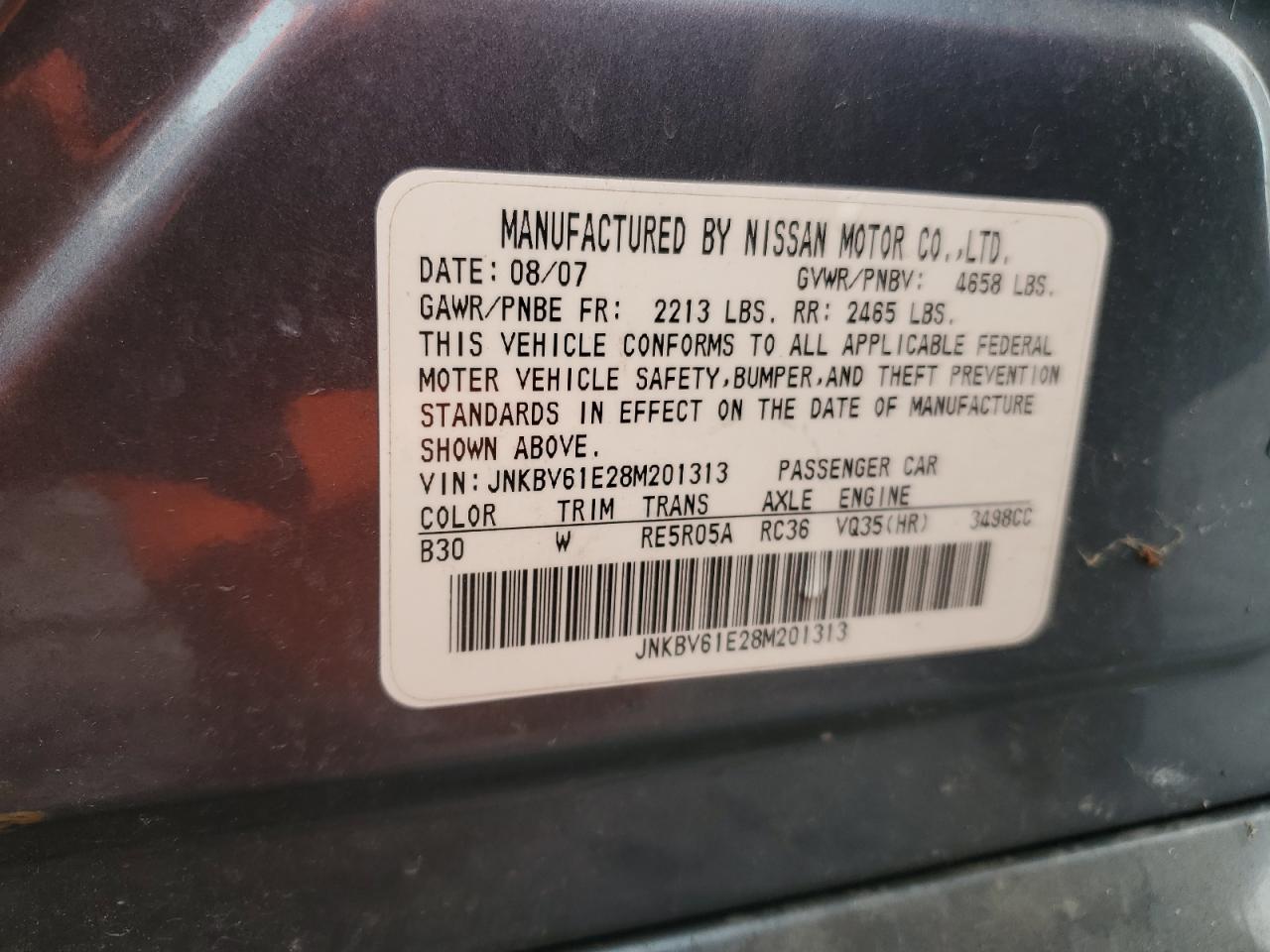 2008 Infiniti G VIN JNKBV61E28M201313 Copart auction photo, mechanical / all over damage thumbnail 12