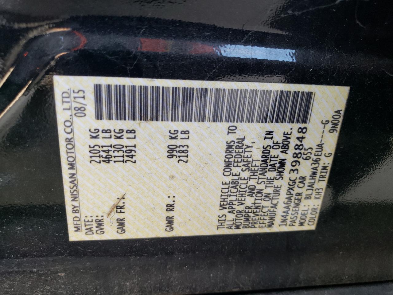 2016 Nissan Maxima VIN 1N4AA6APXGC398848 Copart auction photo, side damage thumbnail 12
