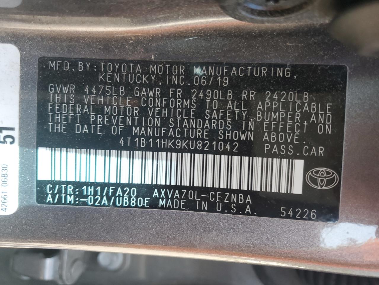 2019 Toyota Camry VIN 4T1B11HK9KU821042 Copart auction photo, front end / minor dent/scratches damage thumbnail 15