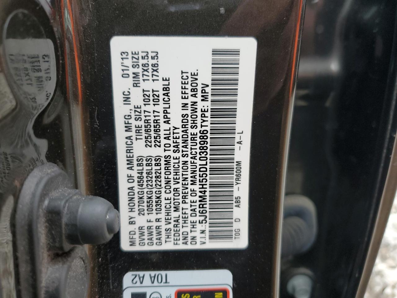 2013 Honda CR-V VIN 5J6RM4H55DL038986 Copart auction photo, rear end damage thumbnail 14