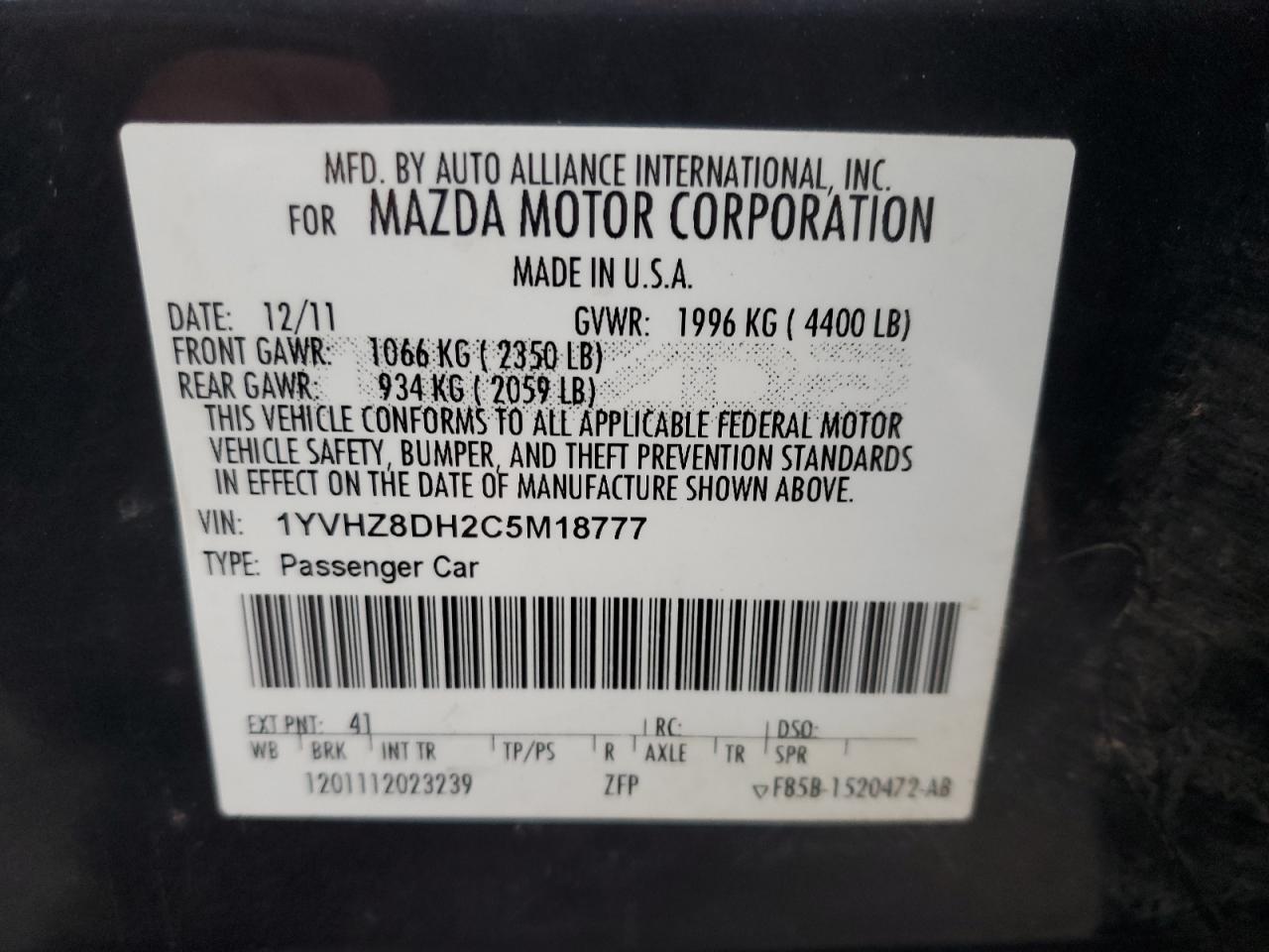 2012 Mazda 6 VIN 1YVHZ8DH2C5M18777 Copart auction photo, minor dent/scratches damage thumbnail 12