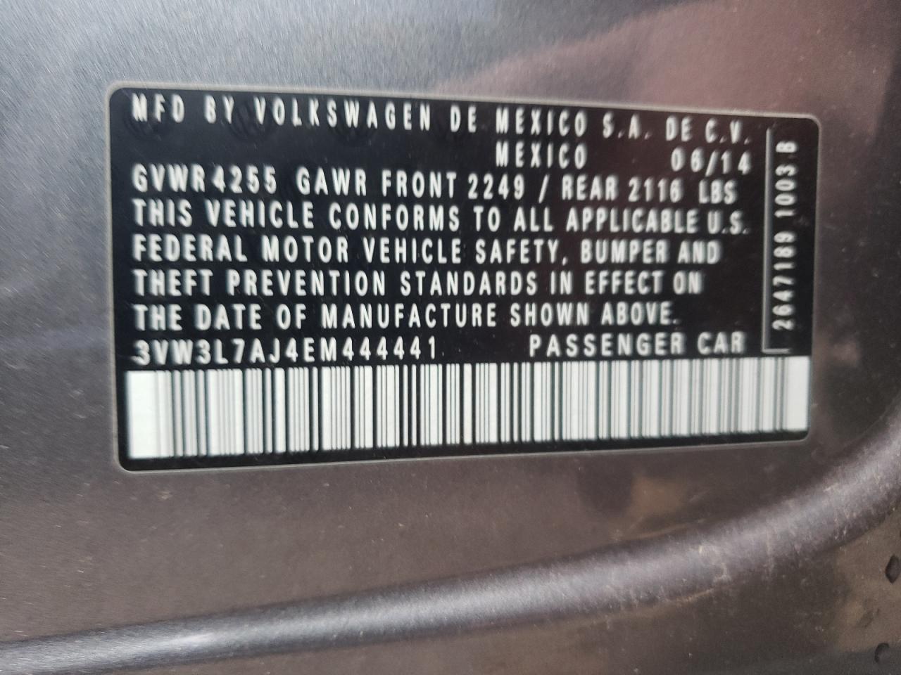 2014 Volkswagen Jetta VIN 3VW3L7AJ4EM444441 Copart auction photo, side / rear end damage thumbnail 12