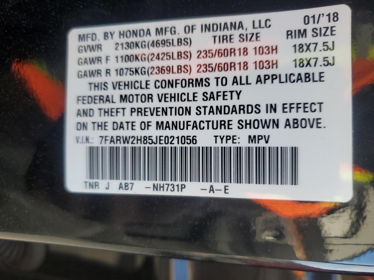 2018 Honda CR-V VIN 7FARW2H85JE021056 Copart auction photo, front end damage thumbnail 13