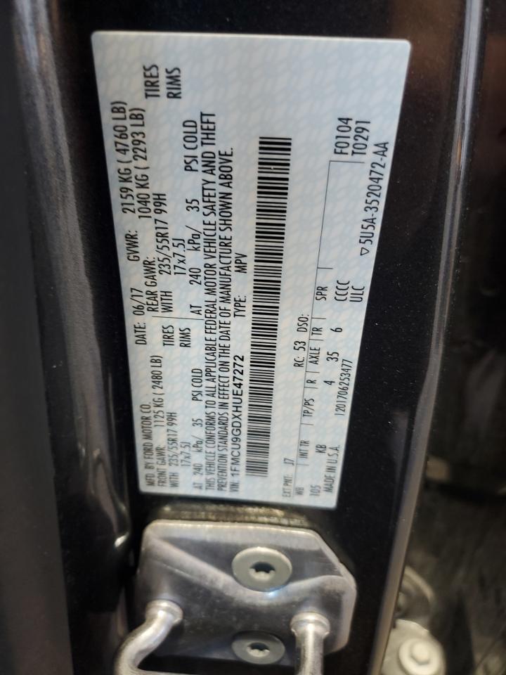 2017 Ford Escape VIN 1FMCU9GDXHUE47272 Copart auction photo, front end damage thumbnail 14