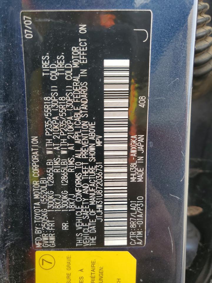 2007 Lexus RX VIN JTJHW31U872036731 Copart auction photo, rear end damage thumbnail 14