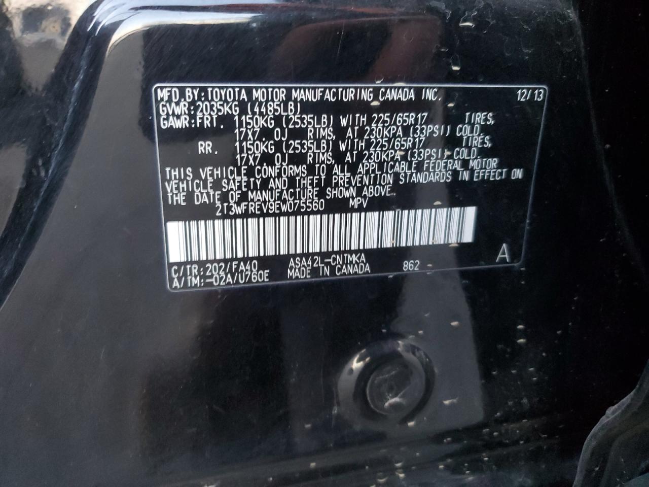 2014 Toyota RAV 4 VIN 2T3WFREV9EW075560 Copart auction photo, front end / side damage thumbnail 15