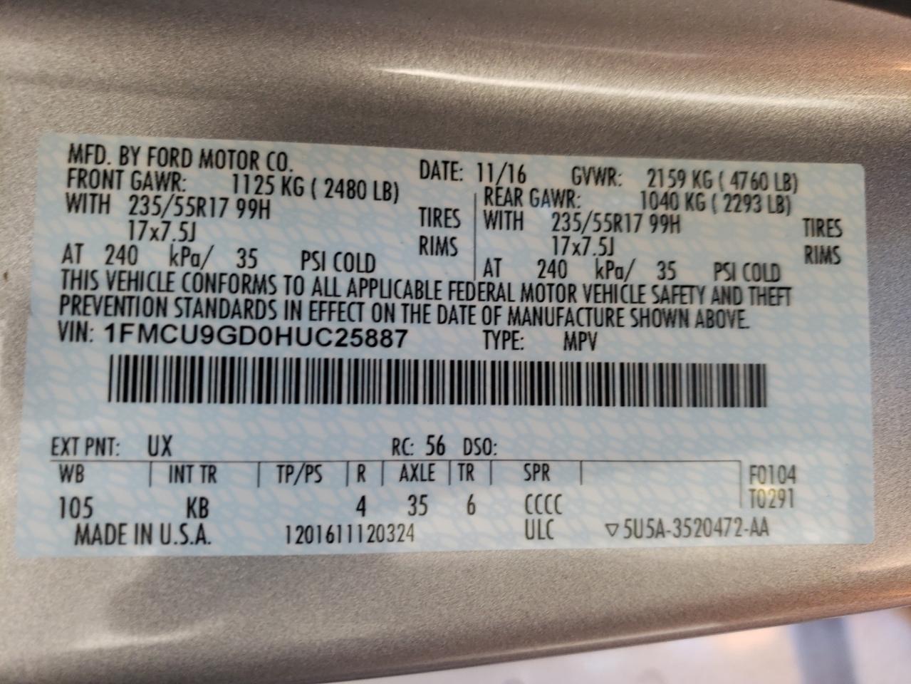 2017 Ford Escape VIN 1FMCU9GD0HUC25887 Copart auction photo, front end / minor dent/scratches damage thumbnail 13