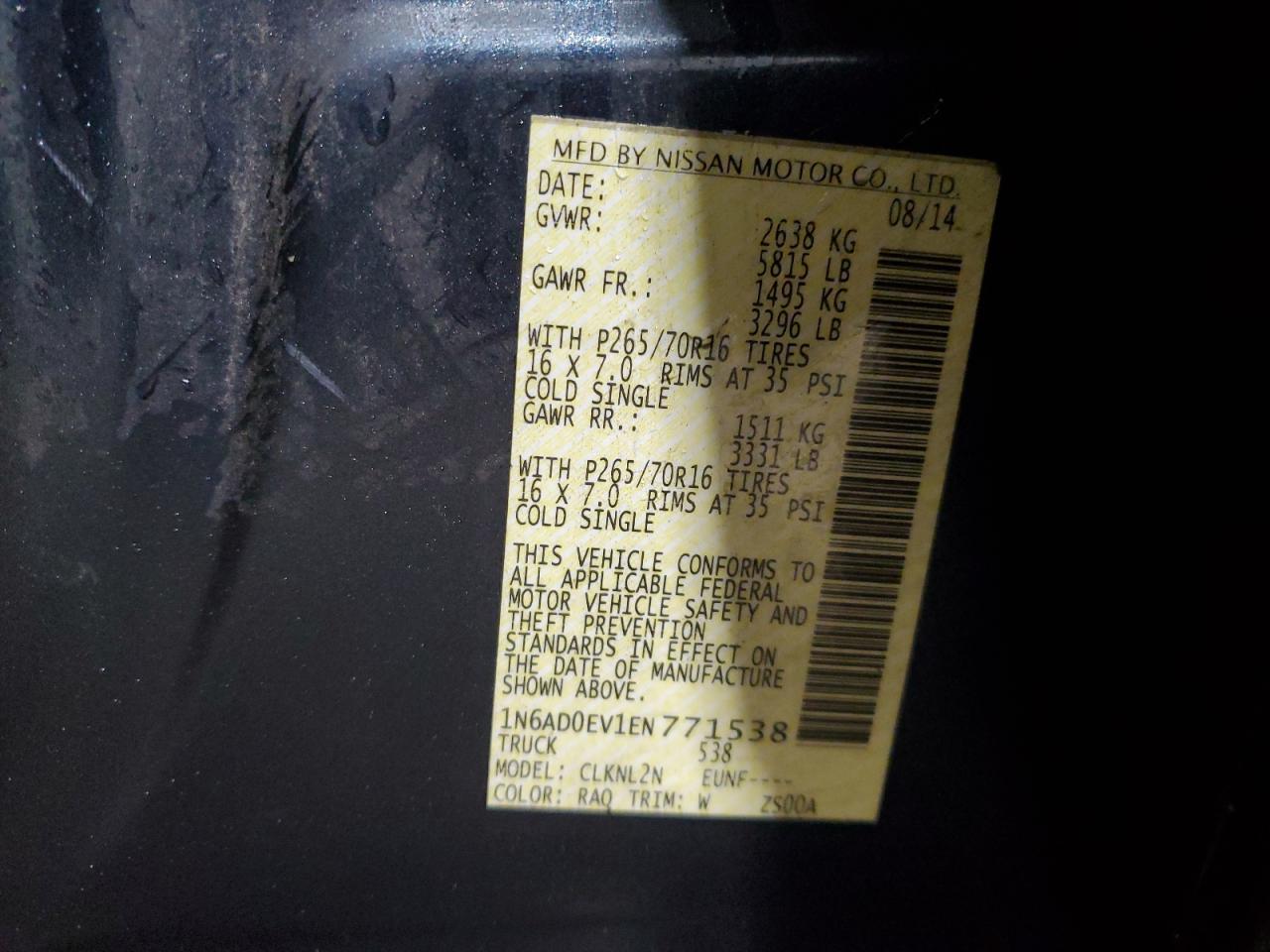 2014 Nissan Navara (Frontier) VIN 1N6AD0EV1EN771538 Copart auction photo, front end / undercarriage damage thumbnail 12