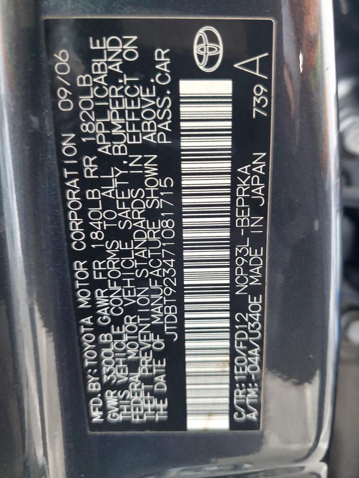 2007 Toyota Yaris VIN JTDBT923471081715 Copart auction photo, rear end damage thumbnail 12