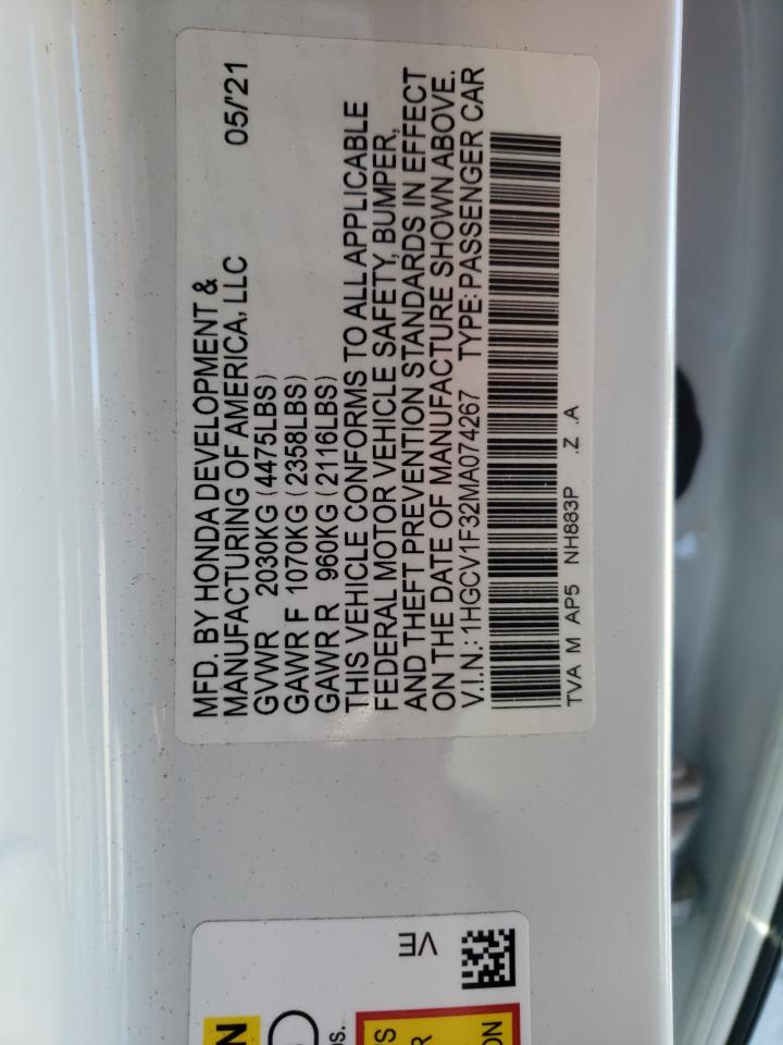 2021 Honda Accord VIN 1HGCV1F32MA074267 Copart auction photo, front end / side damage thumbnail 12