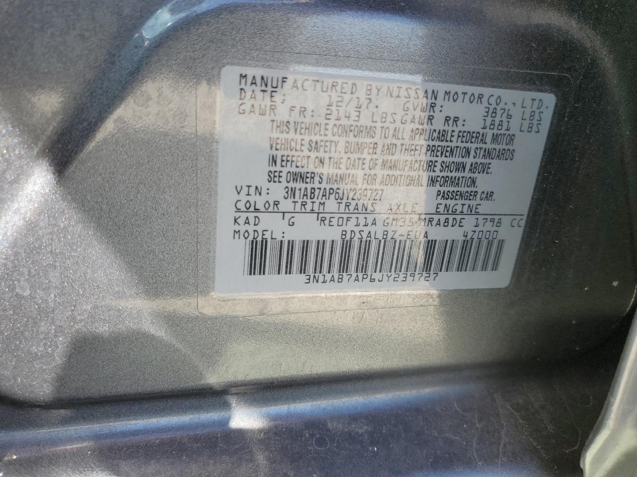 2018 Nissan Sentra VIN 3N1AB7AP6JY239727 Copart auction photo, rear end / front end damage thumbnail 13