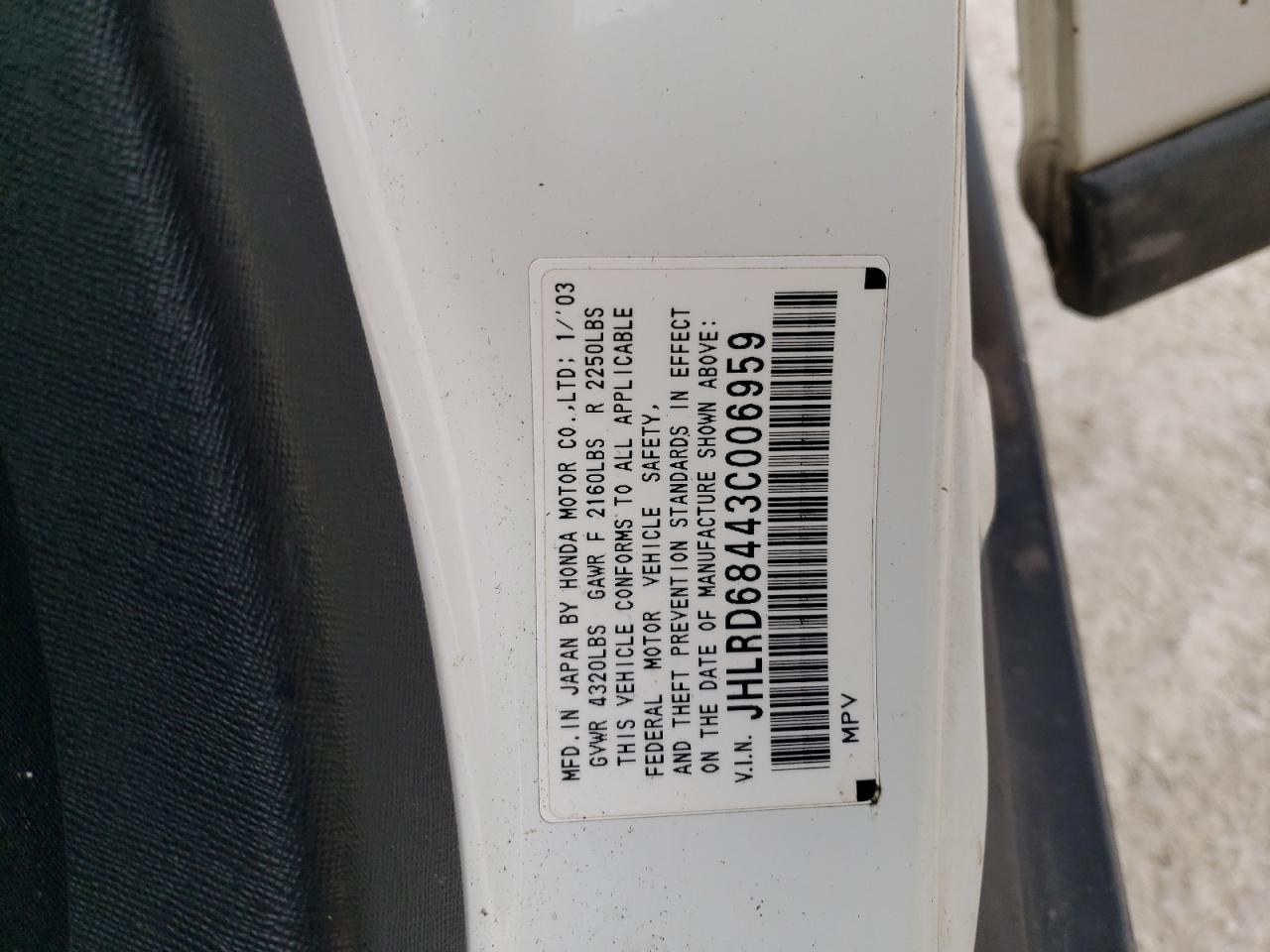 2003 Honda CR-V VIN JHLRD68443C006959 Copart auction photo, front end / side damage thumbnail 15