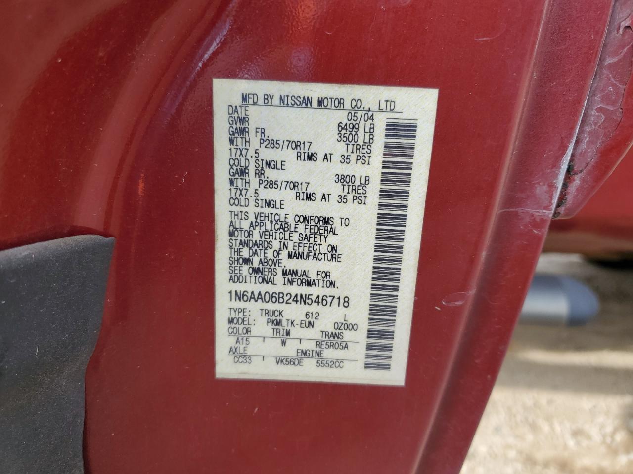 2004 Nissan Titan VIN 1N6AA06B24N546718 Copart auction photo, front end / minor dent/scratches damage thumbnail 12