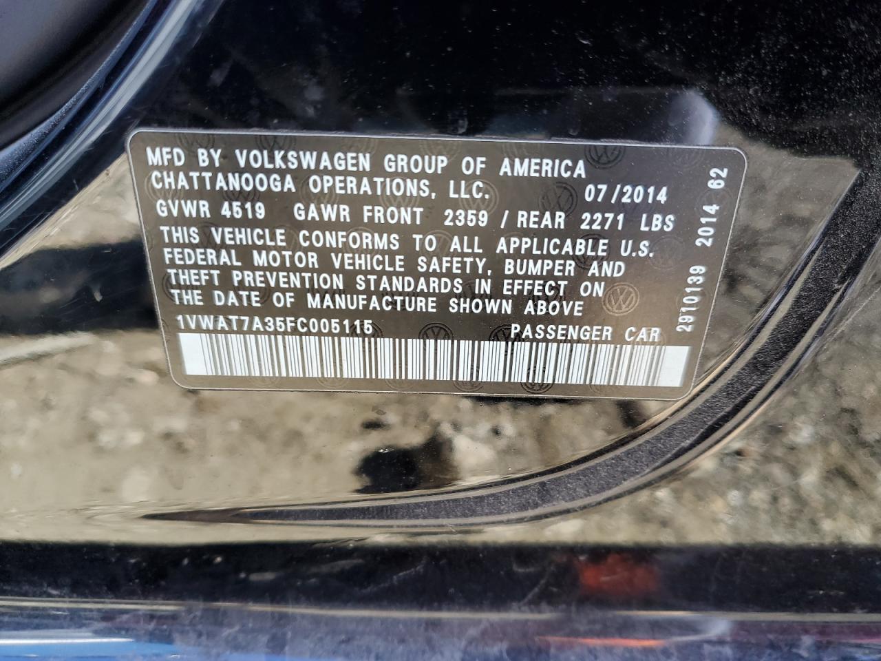 2015 Volkswagen Passat VIN 1VWAT7A35FC005115 Copart auction photo, rear end damage thumbnail 14
