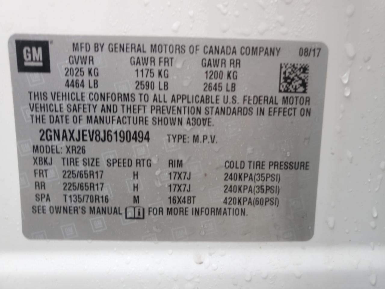2018 Chevrolet Equinox VIN 2GNAXJEV8J6190494 Copart auction photo, front end damage thumbnail 15