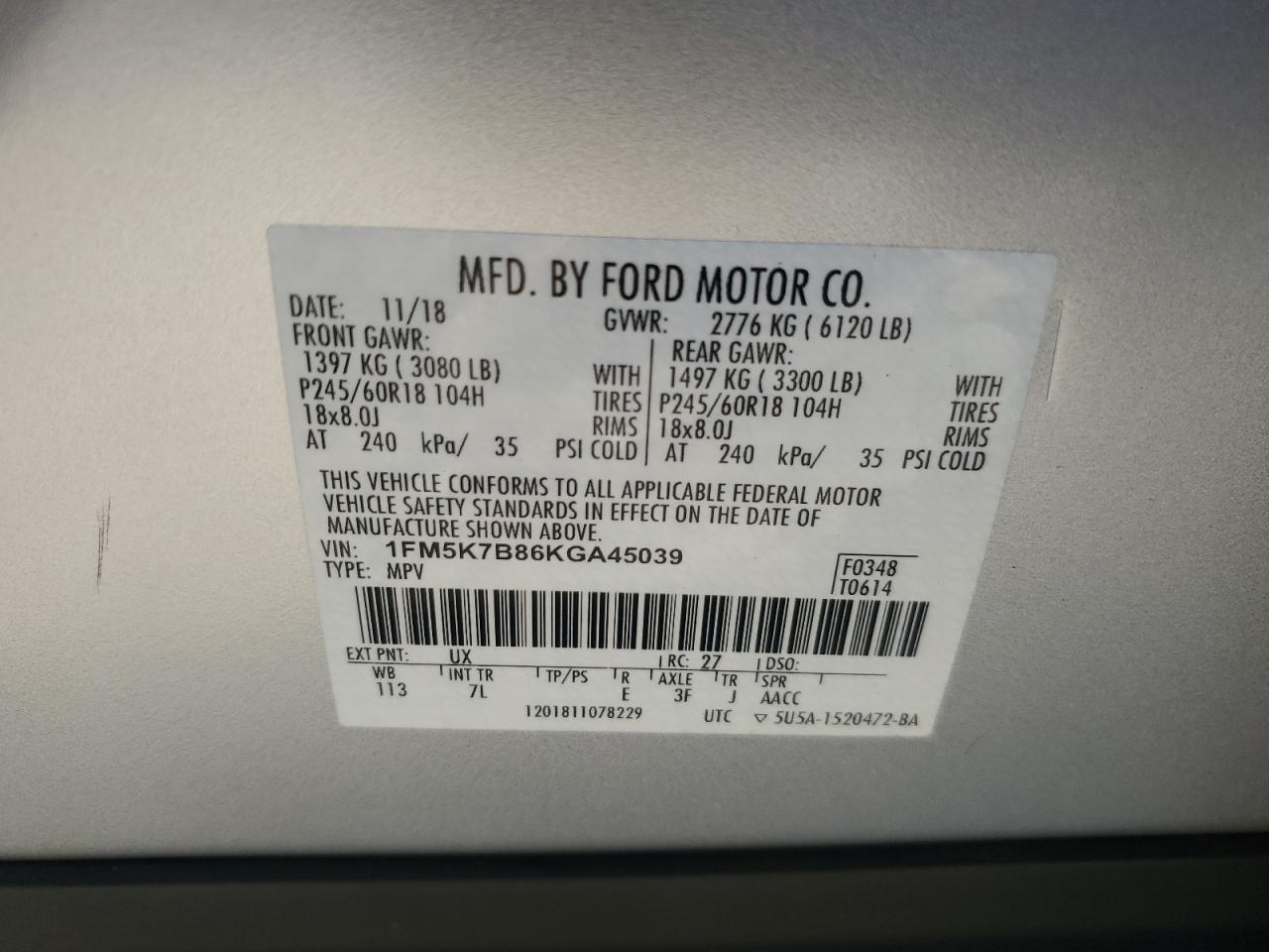 2019 Ford Explorer VIN 1FM5K7B86KGA45039 Copart auction photo, rear end damage thumbnail 13
