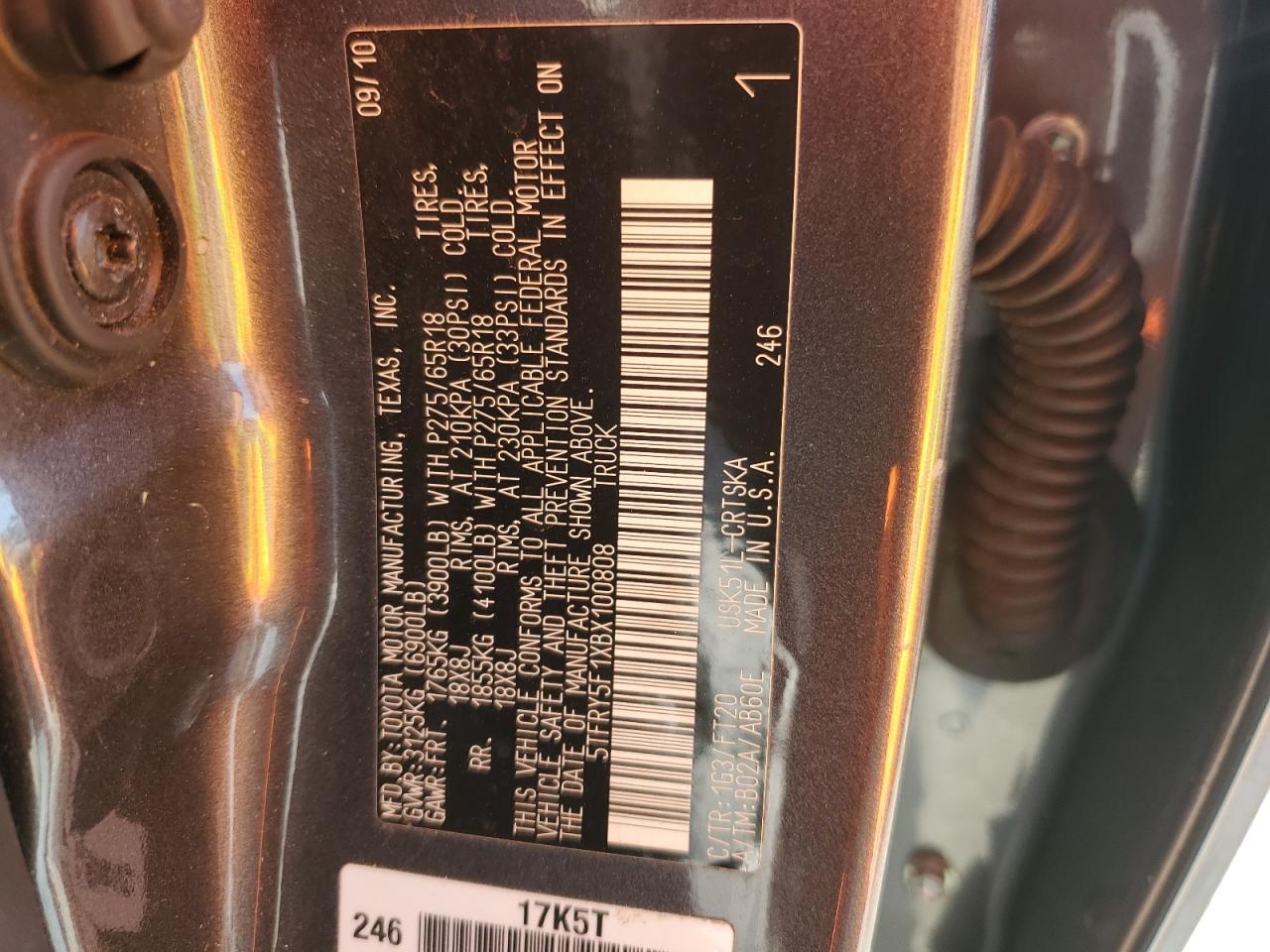 2011 Toyota Tundra VIN 5TFRY5F1XBX100808 Copart auction photo, rear end damage thumbnail 12